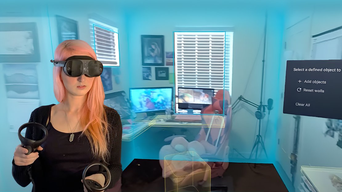 A woman using VIVE XR Elite all-in-one headset and controllers.