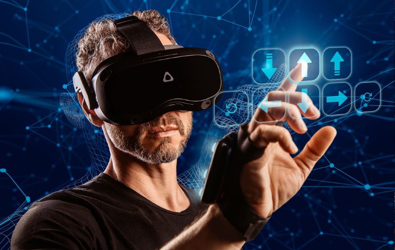 man wearing VIVE focus 3 uses hand tracking to interact with virtual navigation controls