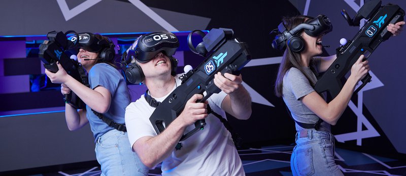 Three VR gamers at Zero Latency arcade