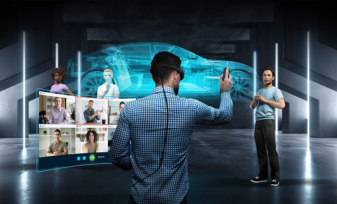 man wearing VIVE Flow in a virtual meeting with avatars and UI window
